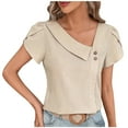 thumbnail image 1 of ATOYSOY Women's Loose Classic Shirts Summer Pullover V Neck Retro for Teens Girls Fashion Shirts Solid Color Button Casual Relaxed Irregular Petal Sleeve Beige XL, 1 of 4