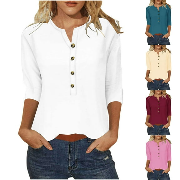 ATOYSOY Women's Loose Classic Tops Summer Solid Color Fashion Shirts Pullover 3/4 Sleeve Half Button V Neck Retro for Teens Girls Casual Relaxed Elegant Green