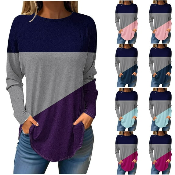 ATOYSOY Women's Loose Dressy Tops Fashion Crew Neck Sweatshirts Outwear Retro Long Sleeve Tees Fall Winter Casual Shirts Color Block Pullover Workout Pink L