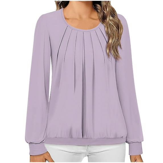 ATOYSOY Women's Loose Dressy Tops Fashion Long Sleeve Tees Fall Winter Solid Color Pleated Pullover Workout Round Neck Sweatshirts Outwear Retro Casual Shirts Purple XXL