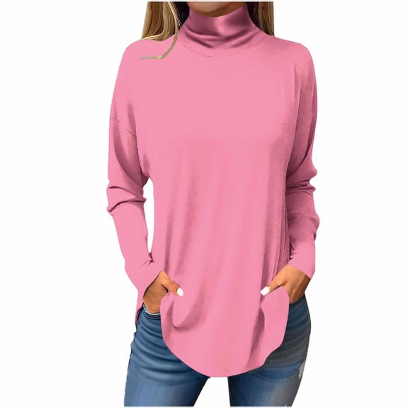ATOYSOY Women's Loose Dressy Tops Fashion Solid Color Pullover Workout Casual Shirts Retro Long Sleeve Tees Fall Winter High Neck Sweatshirts Outwear Pink S
