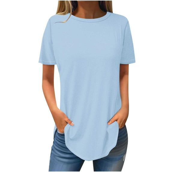 ATOYSOY Women's Loose Dressy Tops Fashion Solid Color Pullovers Summer Round Neck Blouses Activewear Casual Workout Shirts Retro Short Sleeve Tees Cleanrance for Female Blue S