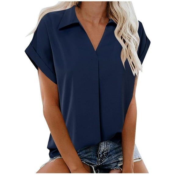 ATOYSOY Women's Loose Dressy Tunic Shirts Fashion Clothes Short Sleeve Pleated Tops Cute Lapel V Neck Blouses Summer Pullovers Casual Holiday Business Tees Blue L