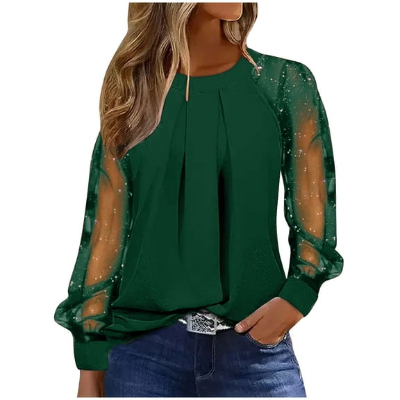 ATOYSOY Women's Loose Lace Raglan Tops Fashion Casual Elegant Shirts Pleated Crew Neck Button Sweatshirts Outwear Pullover Long Sleeve Tees Fall Winter Green S