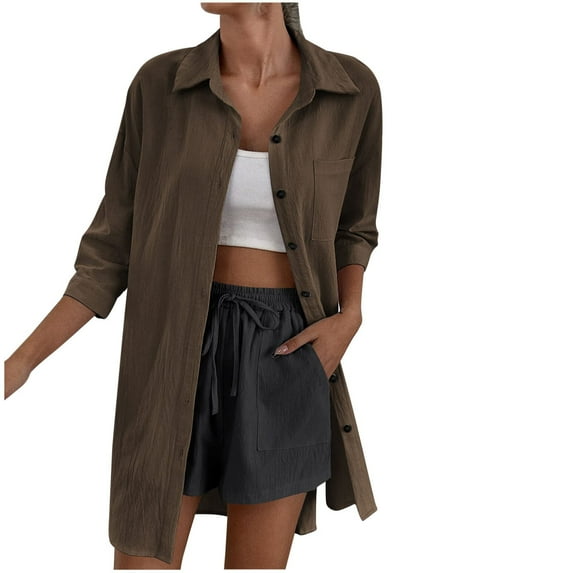 ATOYSOY Women's 3/4 Sleeve Tees Fall Winter Loose Midi Tops Turn Down Collar Button Sweatshirts Outwear Fashion Solid Color Cardigan Workout Casual Shirts Brown XXXL