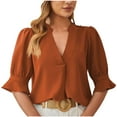 thumbnail image 1 of ATOYSOY Women's Loose Pleated Tops Fashion Ruffle Sleeve Basic Tees Cleanrance Deep V Neck Blouses Solid Color Pullovers Summer Casual Elegant Dressy Shirts for Female Brown L, 1 of 4