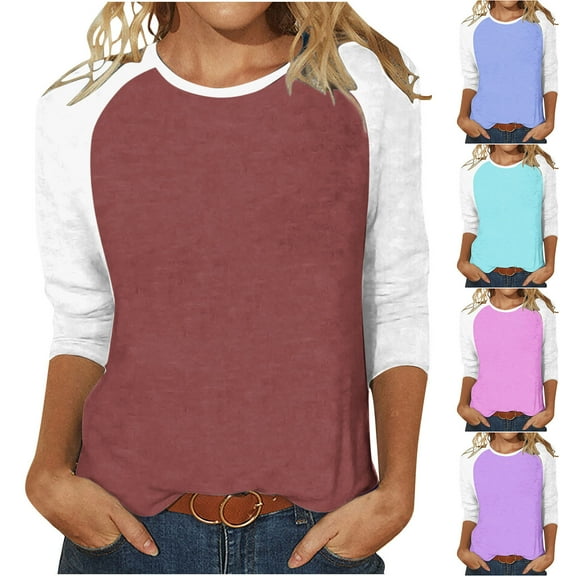 ATOYSOY Women's Loose Raglan Tops Fashion Casual Shirts Solid Color Pullover 3/4 Sleeve Tees Fall Winter Outwear Crew Neck Sweatshirts Brown L