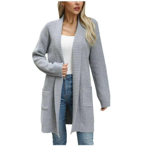 ATOYSOY Women's Loose Sweater Jackets Open Front Knitted Cardigan Fall Winter Long Sleeve Tops Lightweight Midi Coat Casual Cotton Sweatshirts Pockets Outwear Gray L