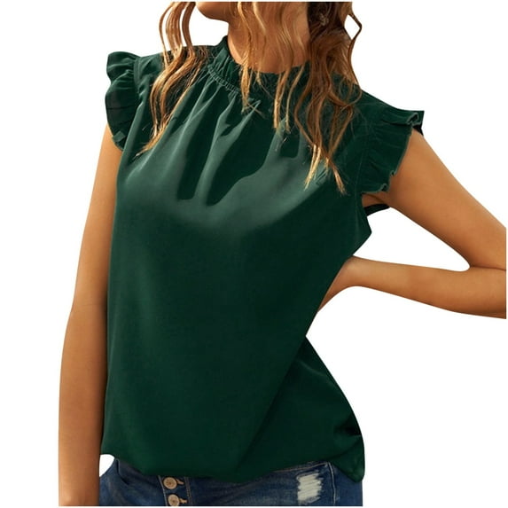 ATOYSOY Women's Loose Tank Tops Retro Sleeveless Ruffle Trendy Tees Crew Neck Casual Workout Elegant Summer Camisole Girls Solid Color Beach Green XL