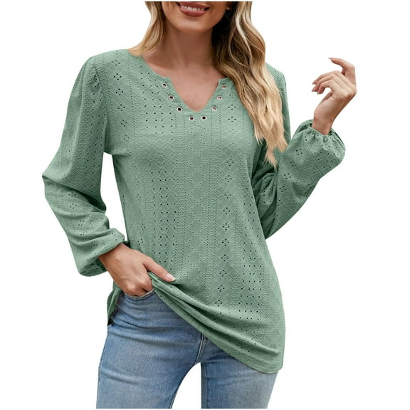 ATOYSOY Women's Loose Tops Dressy Tunic Fashion V Neck Sweatshirts Casual Blouse Eyelet Solid Color Pullover Spring Long Sleeve Shirts Winter Workout Green XL