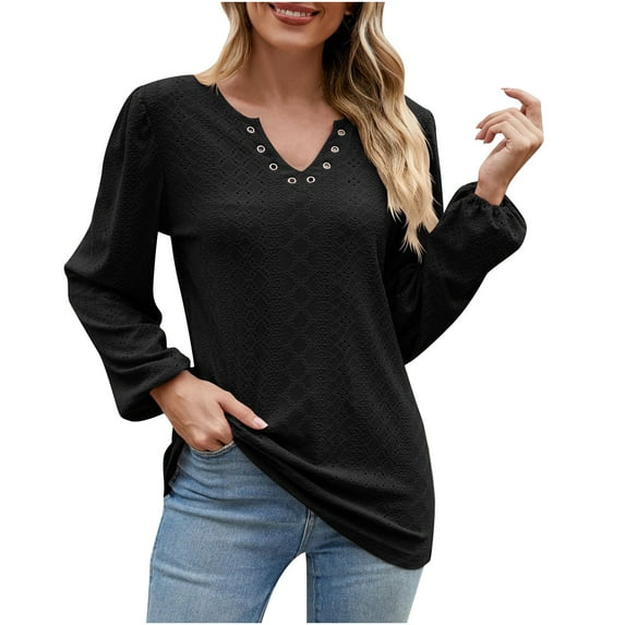 ATOYSOY Women's Loose Tops Dressy Tunic Fashion V Neck Sweatshirts Long Sleeve Shirts Winter Workout Casual Blouse Eyelet Solid Color Pullover Spring Black M