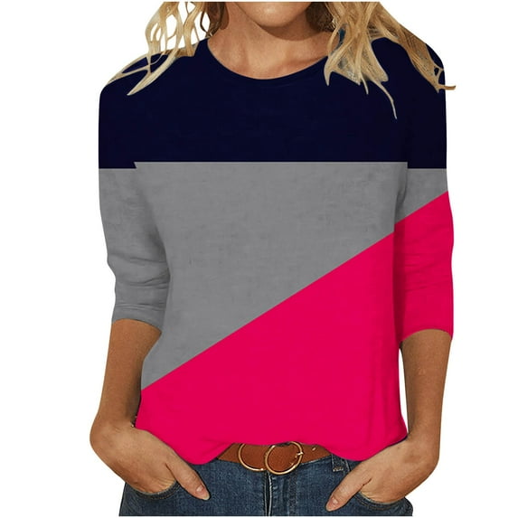 ATOYSOY Women's Loose Tops Fashion Crew Neck Sweatshirts Outwear Casual Shirts Retro 3/4 Sleeve Tees Fall Winter Color Block Pullover Workout Red M