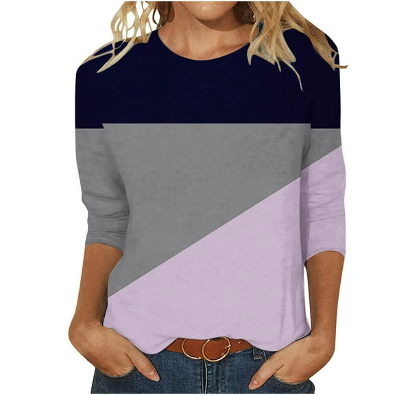 ATOYSOY Women's Loose Tops Fashion Crew Neck Sweatshirts Outwear Casual Shirts Retro Color Block Pullover Workout 3/4 Sleeve Tees Fall Winter Purple L