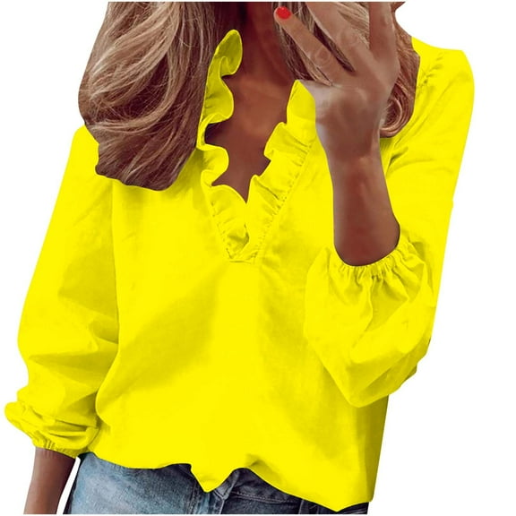 ATOYSOY Women's Loose Tops Fashion Solid Color Ruffle Pullover Spring Workout V Neck Sweatshirts Casual Elegant Blouse Long Sleeve Shirts Winter Yellow XXXL