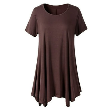 ATOYSOY Women's Loose Tops Tunic Clearance Summer Pullover Short Sleeve Casual Relaxed Pajamas Irregular Hem Fashion Shirts Solid Color Round Neck Retro for Teens Girls Brown XL