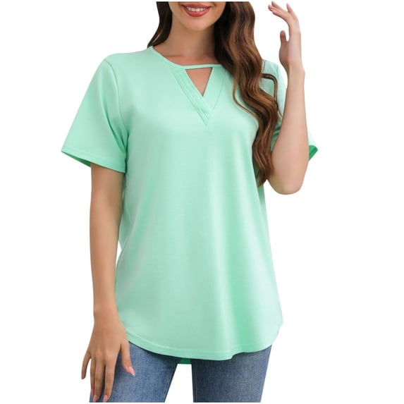 ATOYSOY Women's Loose Tops Tunic Keyhole Neck Retro for Teens Girls Solid Color Summer Pullover Fashion Shirts Casual Relaxed Short Sleeve Blue M