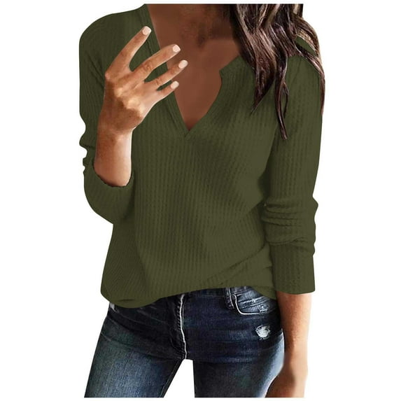 ATOYSOY Women's Loose Waffle Tops Fashion Solid Color Pullover Workout Retro Casual Cotton Ribbed Shirts Long Sleeve Tees Fall Winter V Neck Sweatshirts Outwear Green L