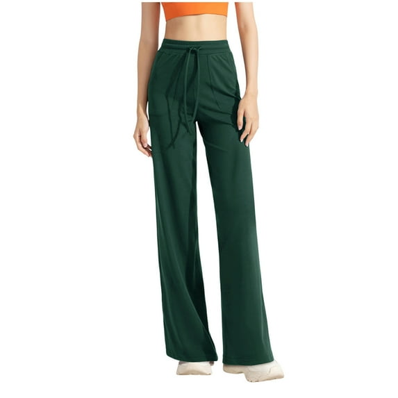 ATOYSOY Women's Loose Yoga Stretch Wide Leg Pants Casual Workout Palazzo Pants Solid Color Sweatpants Trousers Retro High Waist Drawstring Trendy Pants Green S