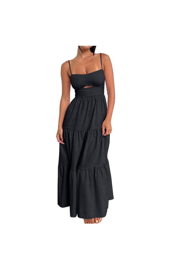 Women's Maxi A Line Cutout Dress Solid Color Retro Trendy Workout Sleeveless Summer Sundress Square Neck Boho Beach Elegant Casual Tiered High Waisted Black