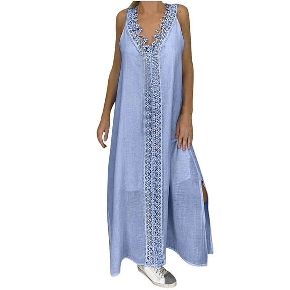 ATOYSOY Women's Maxi Split Dress Loose Beach Sundress Solid Color Lace Crochet Retro Sleeveless Trendy Elegant Casual Relaxed V Neck Workout Dress for Girls Blue M