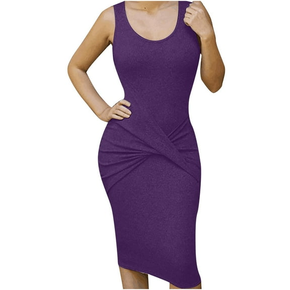 ATOYSOY Women's Midi Pencil Dress Solid Color Ruched Retro Cotton Lined Elegant Casual Sleeveless Summer Sundress Trendy Workout Scoop Neck Boho Beach Purple
