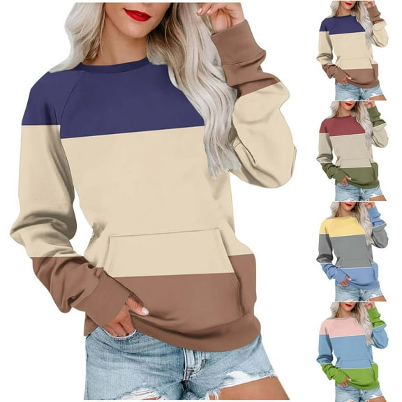 ATOYSOY Women's Outwear Color Block Pullover Long Sleeve Tees Fall Winter Casual Shirts Pockets Fashion Crew Neck Sweatshirts Loose Tops Blue L