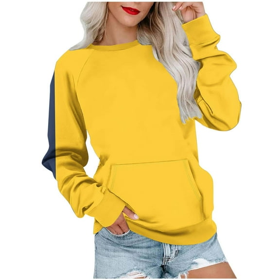 ATOYSOY Women's Outwear Color Block Pullover with Pockets Crew Neck Sweatshirts Fashion Loose Tops Casual Shirts Pockets Long Sleeve Tees Fall Winter Blue XL