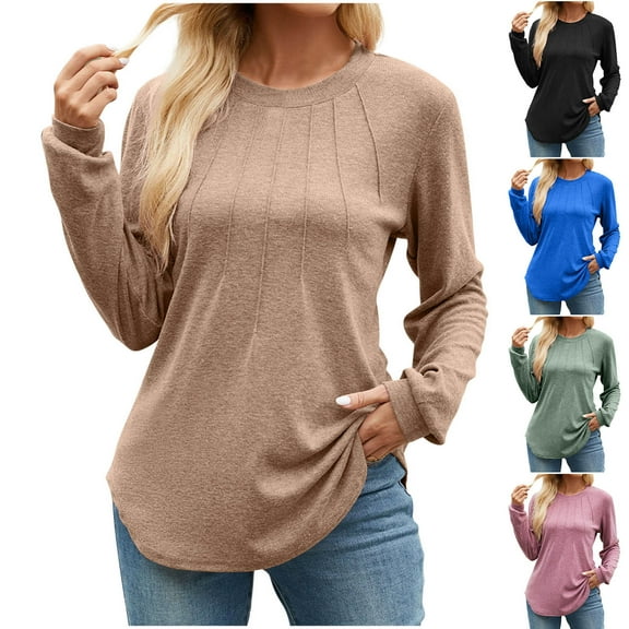 ATOYSOY Women's Outwear Solid Color Pullover Casual Shirts Pleated Long Sleeve Tees Fall Winter Loose Fleece Tops Fashion Crew Neck Sweatshirts Black L