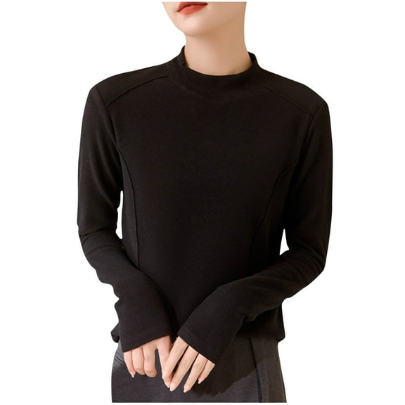 ATOYSOY Women's Outwear Solid Color Pullover Long Sleeve Thicken Tees Fall Winter Loose Basic Tops Fashion Casual Shirts High Neck Sweatshirts Black L