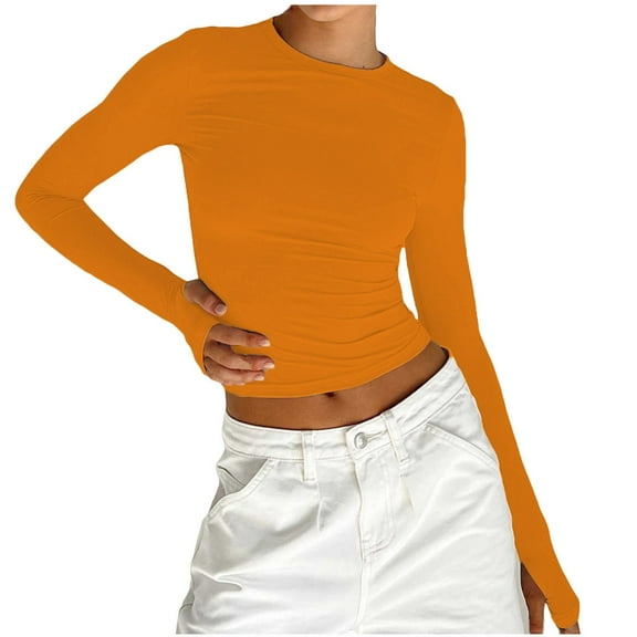 ATOYSOY Women's Outwear Solid Color Pullover Slim Basic Cropped Tops Crew Neck Sweatshirts Fashion Casual Shirts Long Sleeve Tees Fall Winter Orange S