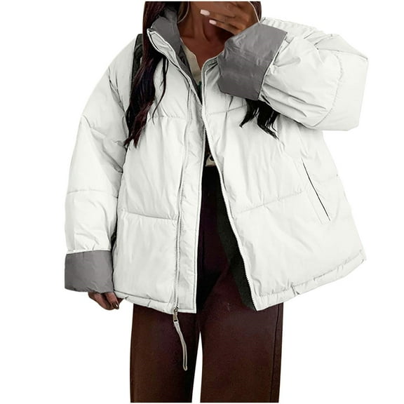 ATOYSOY Women's Padded Coat Open Front Cardigan Zipper Fall Winter Casual Cotton Sweatshirts Pockets Long Sleeve Tops Outwear Loose Puffer Jackets for Women White L