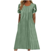 ATOYSOY Women's Petal Sleeve Tea Length A Line Dress Solid Color Round Neck Pockets Beach Sundress Elegant Casual Eyelet Retro Trendy Dress for Girls Green S