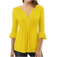 thumbnail image 1 of ATOYSOY Women's Pleated Loose Tops Dressy Tunic Summer Solid Color Short Sleeve Quarter Button Retro Casual Relaxed for Teens Girls Fashion Shirts Pullover Yellow, 1 of 3