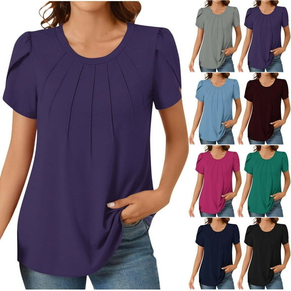 ATOYSOY Women's Pleated Loose Tops Tunic Petal Sleeve for Teens Girls Fashion Shirts Summer Pullover Solid Color Round Neck Retro Elegant Casual Black L