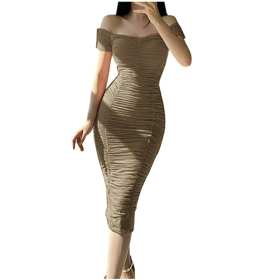 ATOYSOY Women's Pleated Short Sleeve Ruched Beach Sundress Elegant Cocktail Party Wedding Dress Casual Off Shoulder Tea Length Bodycon Pencil Dress for Girls Yellow L