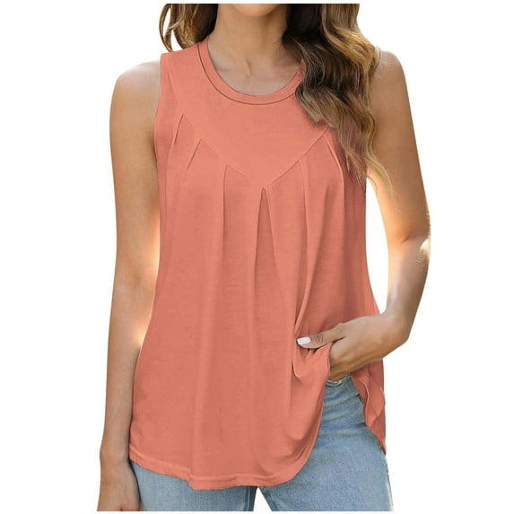 ATOYSOY Women's Pleated Tank Tops Dressy Tunic Solid Color Retro Beach Sleeveless Trendy Tees Round Neck Girls Casual Workout Summer Camisole Orange L