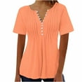 thumbnail image 1 of ATOYSOY Women's Pleated Tops Dressy Tunic Solid Color Short Sleeve V Neck Retro Button Casual Relaxed for Teens Girls Fashion Shirts Summer Pullover Orange S, 1 of 4