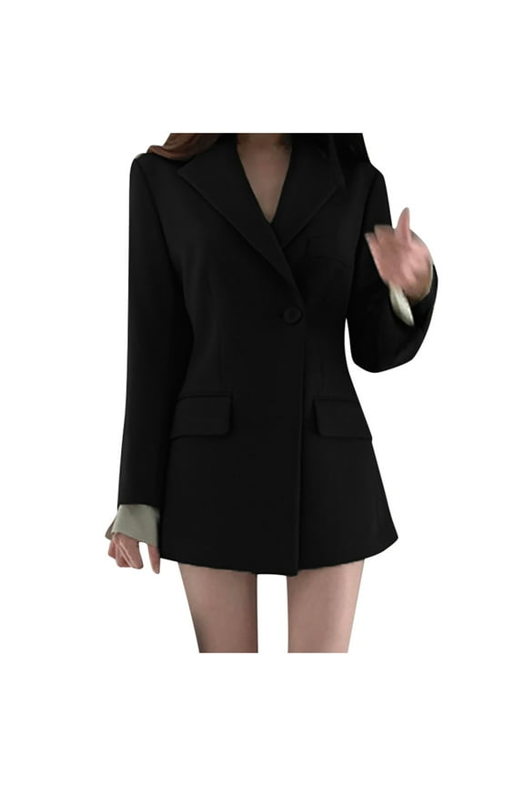 Women's Plus Size Midi Dress Blazer Suit Versatile Lapel Open Front Jacket Long Sleeve Button Front Cardigan Business Attire Casual Trendy Solid Work Office Coat Black XXL