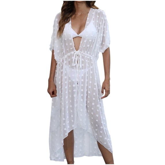 ATOYSOY Women's Plus Size See-Through Cover Up Dress Pleated V Neck Boho Beach Summer Sundress Short Sleeve Cotton Lined High Waist Casual Hawaii Trendy Clearance White