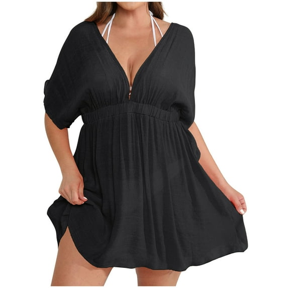 ATOYSOY Women's Plus Size See-Through Cover Up Dress Pleated V Neck Boho Beach Summer Sundress Short Sleeve Cotton Lined High Waist Casual Hawaii Trendy Black