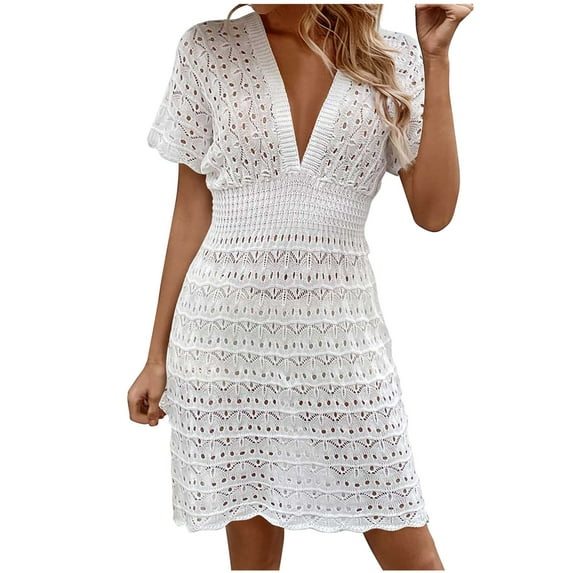 ATOYSOY Women's Plus Size See-Through Cover Up Dress Short Sleeve V Neck Boho Beach Lace Crochet Casual Hawaii High Waist Trendy Summer Sundress Retro White