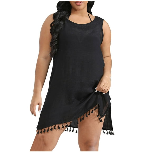ATOYSOY Women's Plus Size See-Through Cover Up Dress Solid Color Tassels Casual Hawaii Retro Summer Sundress Sleeveless V Neck Boho Beach Trendy Black