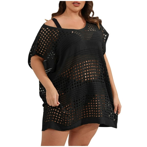 ATOYSOY Women's Plus Size See-Through Cover Up Dress Solid Color Trendy Retro Summer Sundress Short Sleeve Lace Crochet Casual Hawaii V Neck Boho Beach Black
