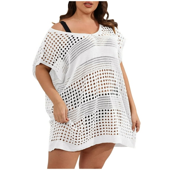 ATOYSOY Women's Plus Size See-Through Cover Up Dress Solid Color Trendy Retro Summer Sundress Short Sleeve Lace Crochet Casual Hawaii V Neck Boho Beach White
