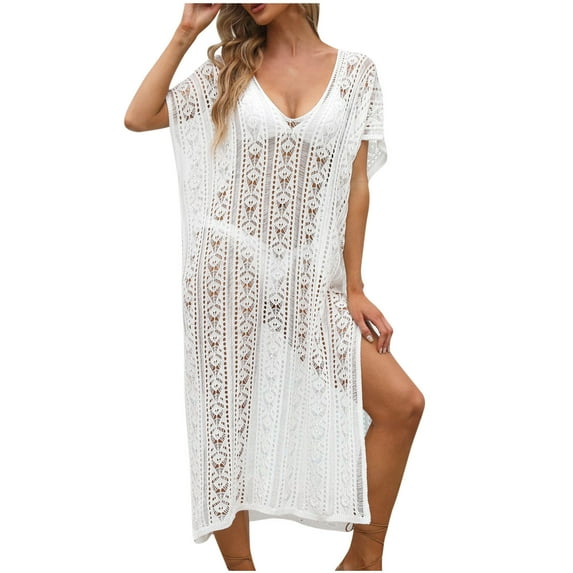 ATOYSOY Women's Plus Size See-Through Cover Up Split Dress Summer Sundress Short Sleeve V Neck Boho Beach Irregular Hem Lace Crochet Casual Hawaii Trendy White