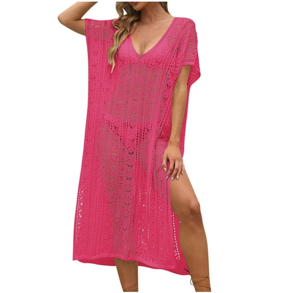 ATOYSOY Women's Plus Size See-Through Cover Up Split Dress Summer Sundress Short Sleeve V Neck Boho Beach Irregular Hem Lace Crochet Casual Hawaii Trendy Pink