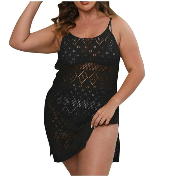 ATOYSOY Women's Plus Size See-Through Cover Up Split Dress Summer Sundress Square Neck Boho Beach Sleeveless Lace Crochet Casual Hawaii Trendy Clearance Retro Black