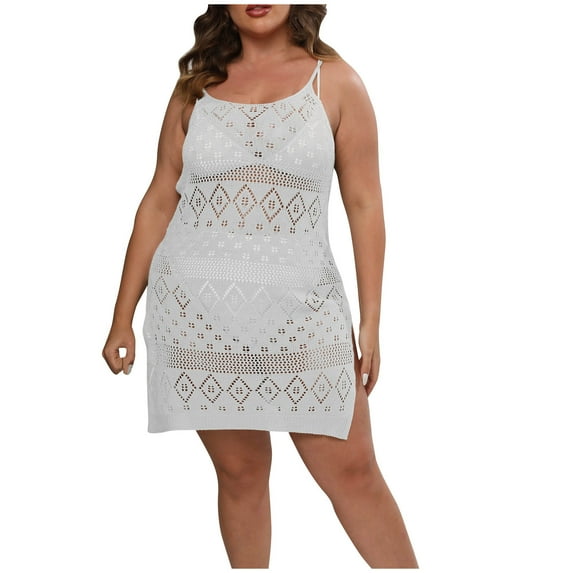ATOYSOY Women's Plus Size See-Through Cover Up Split Dress Summer Sundress Square Neck Boho Beach Sleeveless Lace Crochet Casual Hawaii Trendy Clearance Retro White