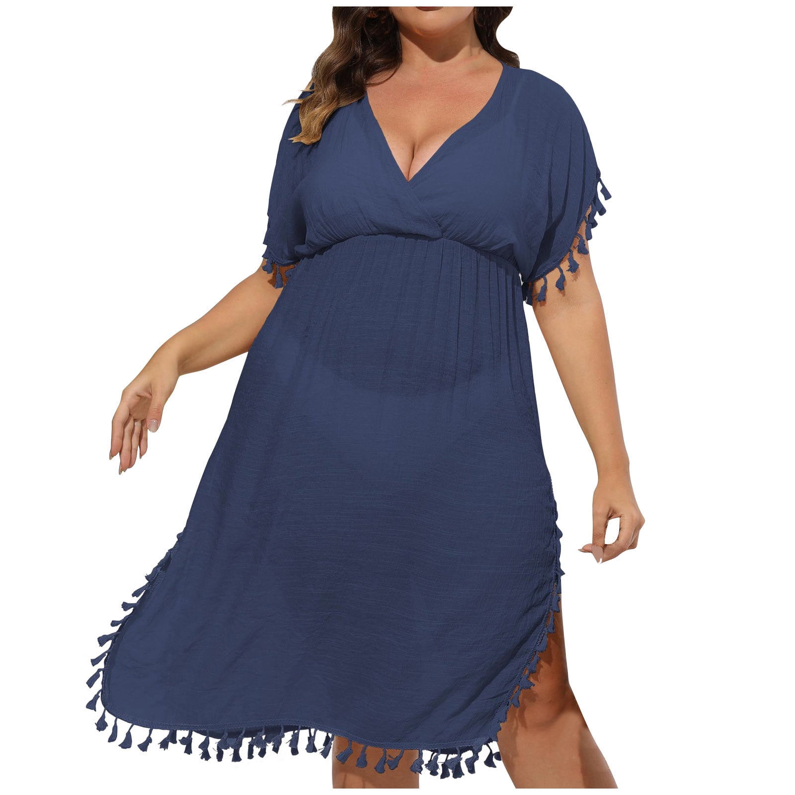 ATOYSOY Women's Plus Size See-Through Cover Up Dress Tassels V Neck ...