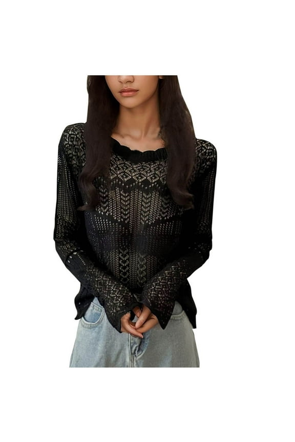 Women's Pullover Long Sleeve Tees Cover Up Fall Winter Loose Ripped Cropped Tops Knitted Sweaters Casual Shirts Crew Neck Sweatshirts Hollow Out Outwear Fashion Black XL